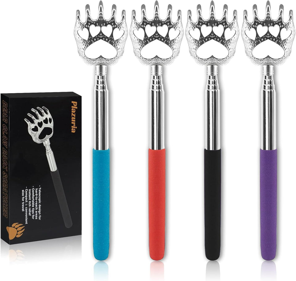 CWazuria (4-Pack) Extendable Back Scratchers - Metal Claws with Telescopic Rubber Handles - Stocking Stuffers for Men, Women, Kids
