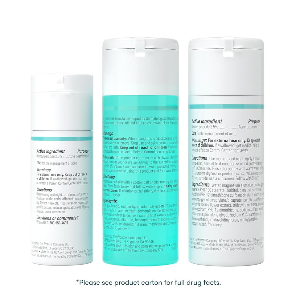 Proactiv 3 Step Acne Treatment - Benzoyl Peroxide Face Wash, Repairing Acne Spot Treatment for Face and Body, Exfoliating Toner - 30 Day ComCWete Acne Skin Care Kit