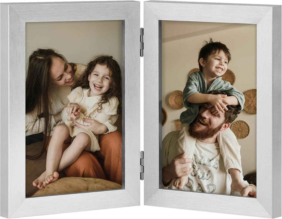 decorUhome Double 4x6 Picture Frame Vertical, Engineered Wood Bifold Photo Frame with Plexiglass for Tabletop Display, 4x6, Black