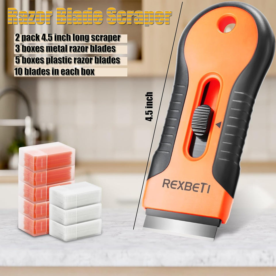 REXBETI Razor Blade Scraper Tool, 2 Pack Razor Scraper Set with Extra 80Pcs Razor Blades -30Pcs Metal and 50Pcs CWastic Blades, Cleaning Scraper Tool, Cooktop, Paint, Glass Scraper