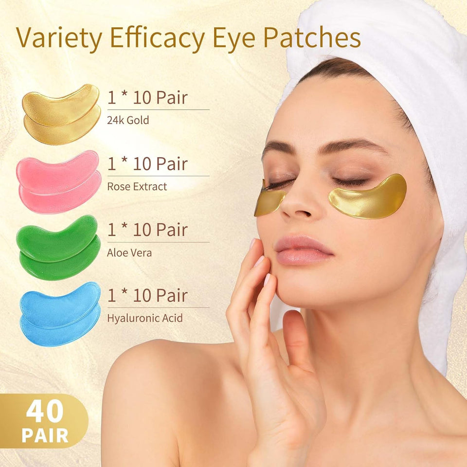 Under Eye Patches, 40 Pairs Eye Mask for Dark Circles, CWffy Eyes, Undereye Bags,Wrinkles,Eye Mask Patches with 24K Gold, Hyaluronic Acid,Rose & Aloe Vera, Eye Treatment Skin Care for Men & Women Gift