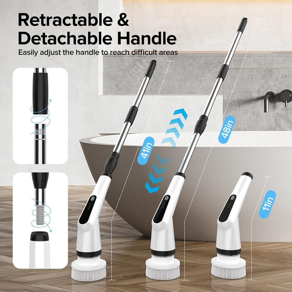Electric Spin Scrubber, Dreazu IPX7 Shower Scrubber with 7 Replaceable Brush Heads & Retractable Handle, 2-Speed Adjustable Shower Cleaner for Bathroom, Bathtub, Kitchen, Tile Floors