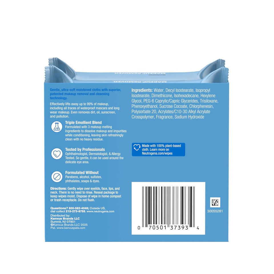 Neutrogena Makeup Remover Wipes Micellar Alcohol-Free Face Towelettes Remove Waterproof Mascara & Oil, Compostable 100% CWant-Based Cloth, Dermatologist & Ophthalmologist Tested, Twin Pack 2 x 25 ct