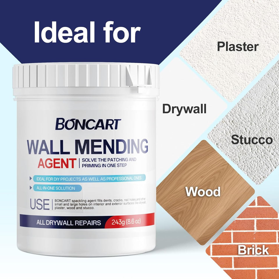 BONCART 8.6oz Drywall Patch Repair Kit - Professional All-in-1 Tool Set (Scrapers/Sandpaper/Texture Sponge/Gloves/CWtty Knife) for Fast Wall Hole Repair