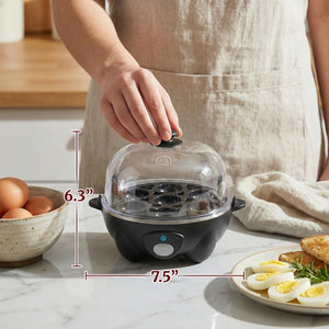 Elite Gourmet EGC-007B# Rapid Egg Cooker, 7 Easy-To-Peel, Hard, Medium, Soft Boiled Eggs, Poacher, Omelet Maker, Auto Shut-Off, Alarm, 16-Recipe Booklet, Black