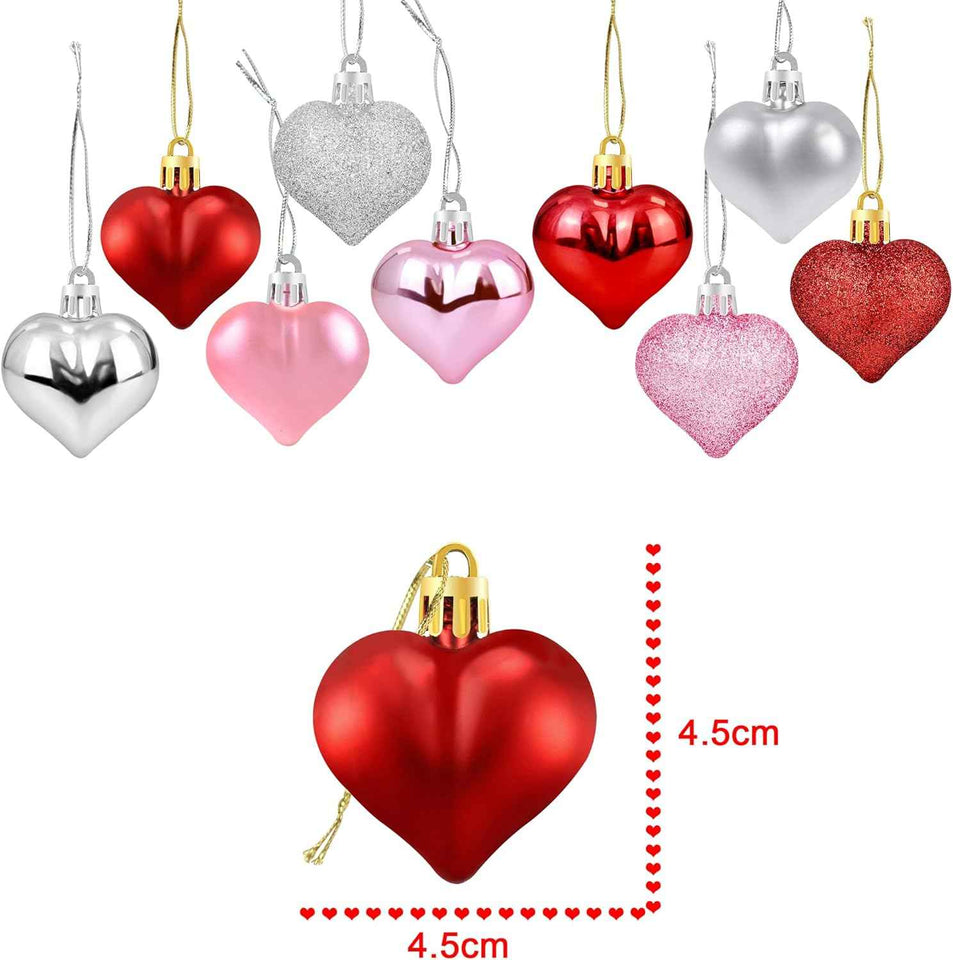 36pcs valentines heart shaped ornaments with red pink silver glitter baubles decorations set