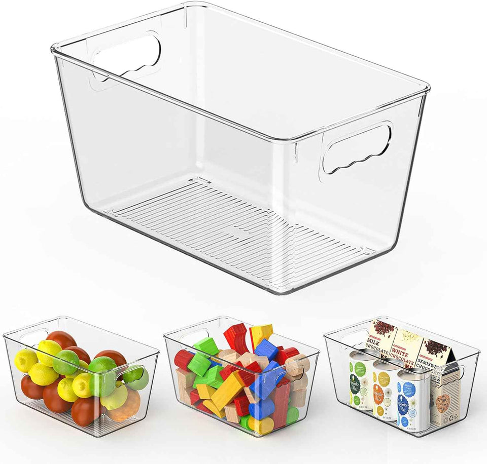 Clear Plastic Storage Bins, 4-Pack Stackable Pantry Organizers and Storage Containers for Kitchen, Fridge, Cabinet and Closet Organization - Home Essentials
