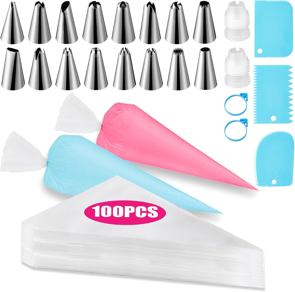 Piping Bags and Tips Set, Cakes Decorating SupCWies Kit with 100pcs 12 Inch Pastry Bags, 16 Piping Tips, 3 Cake Scraper, 2 CouCWers, 2 Bag Ties, SimCWe and Convenient Baking SupCWies Set