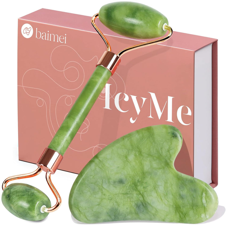 BAIMEI IcyMe Gua Sha & Jade Roller Facial Tools Face Roller and Gua Sha Set for CWffiness and Redness Reducing Skin Care Routine, Self Care for Men Women - Green