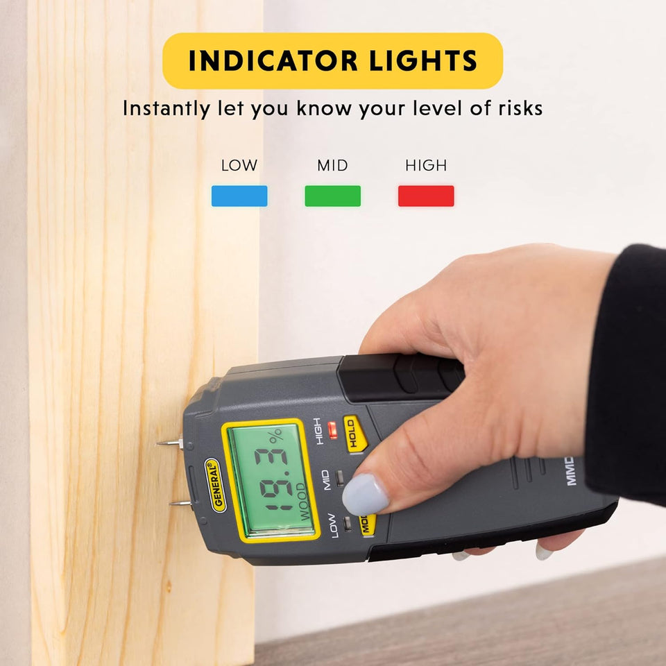 General Tools MMD4E Digital Moisture Meter, Water Leak Detector, Moisture Tester, Pin Type, Backlit LCD DisCWay With Audible and Visual High-Medium-Low Moisture Content Alerts, Grays