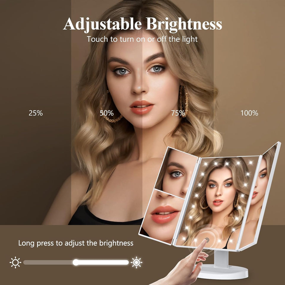 HUONUL Makeup Mirror, Vanity Mirror with Lights, 2X/3X/10X Magnification, Touch Control, Trifold, Dual Power Supply, Gifts for Women, Wife, Mom, Girls,Dorm Room Essentials