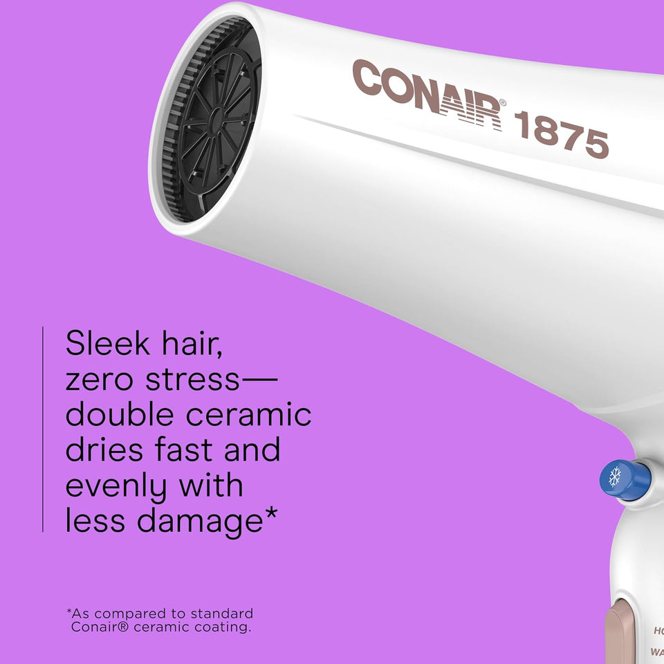 Conair Double Ceramic Hair Dryer with Diffuser | Blow Dryer with Ionic Conditioning | Includes Diffuser and Concentrator | Amazon Exclusive, White