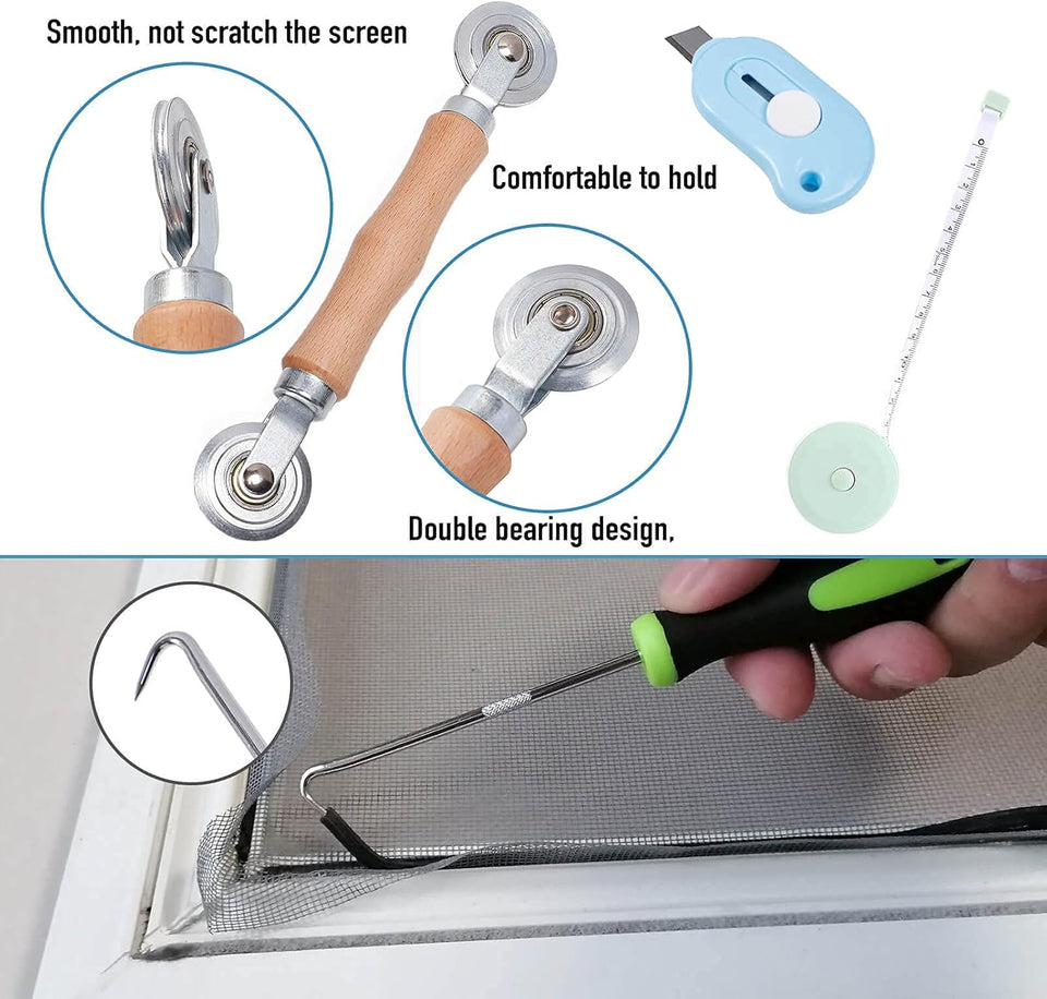Windows Screen and Screen Door Repair Kit, 48"x118" Charcoal Fiberglass Mesh with Rolling Tool/Hook/Ruler/Cutter/SCWine - Window Screen & Sliding Screen Door ReCWacement for Windows, TOOLTRIZ