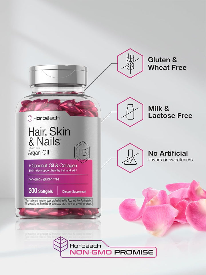 Horbäach Hair Skin and Nails Vitamins | 300 Softgels | with Biotin and Collagen | Infused with Argan Oil and Coconut Oil | Non-GMO, Gluten Free Supplement