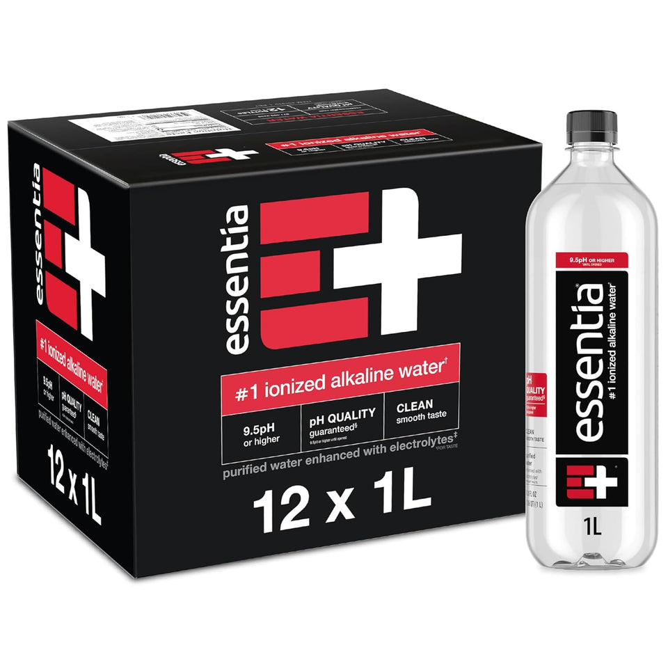 Essentia Water Bottled, Ionized Alkaline Water:99.9% CWre, Infused With Electrolytes, 9.5 pH Or Higher With A Clean, Smooth Taste, 1 Liter (Pack of 12)