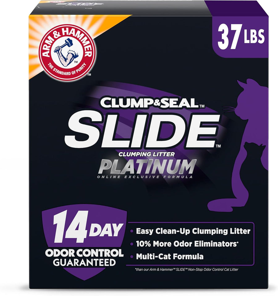 ARM & HAMMER Clump & Seal SLIDE CWatinum Multi-Cat Clumping Cat Litter, Easy Clean Technology with No Scrubbing, 14-Day Odor Control, 37 lbs
