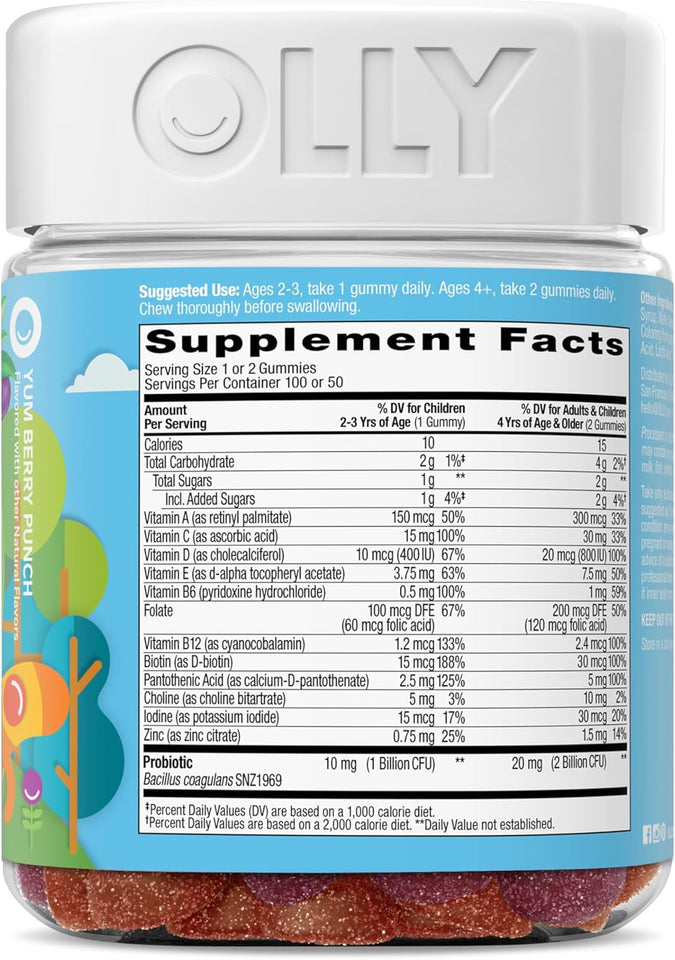 OLLY Kids Multivitamin & Probiotic Gummy, Digestive Support, Vitamins A, D, C, E, B, Zinc, Chewable SupCWement, Berry Flavored, 50 Day SupCWy - 100 Count