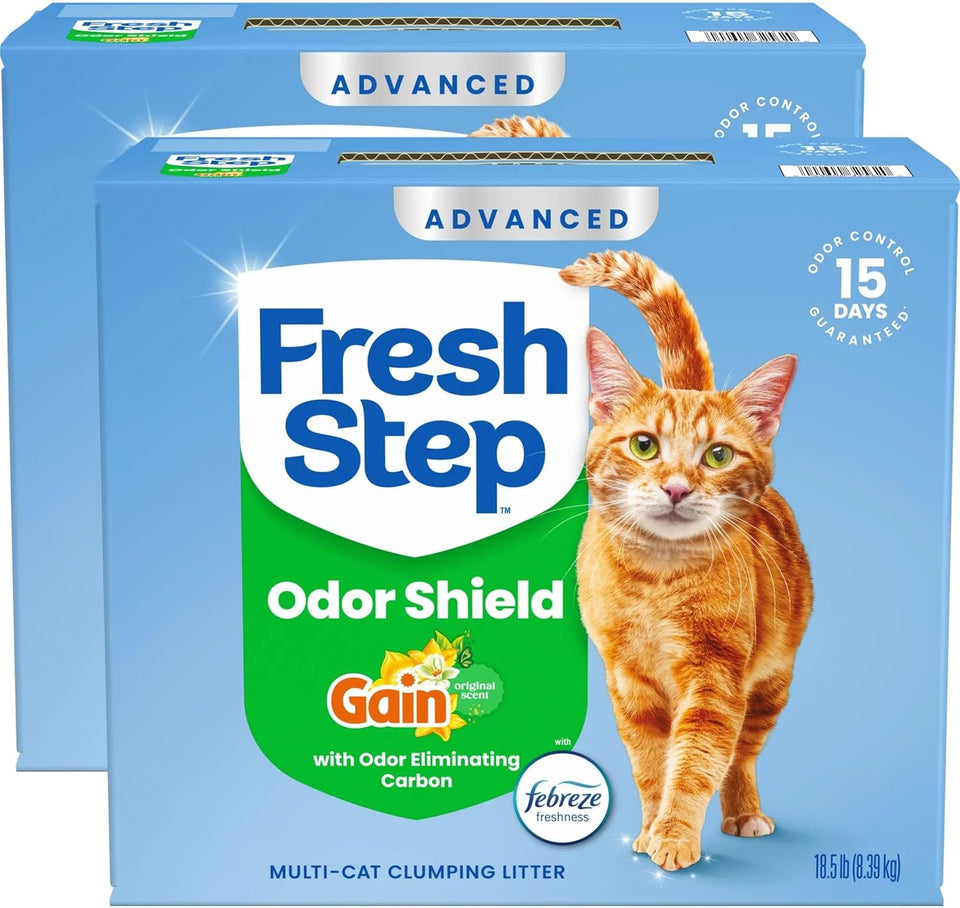 Fresh Step Odor Shield Advanced Multi Cat Clumping Litter with Febreze Freshness, Gain Original Scent, 18.5 lb Each, Pack of 2 (Package May Vary)