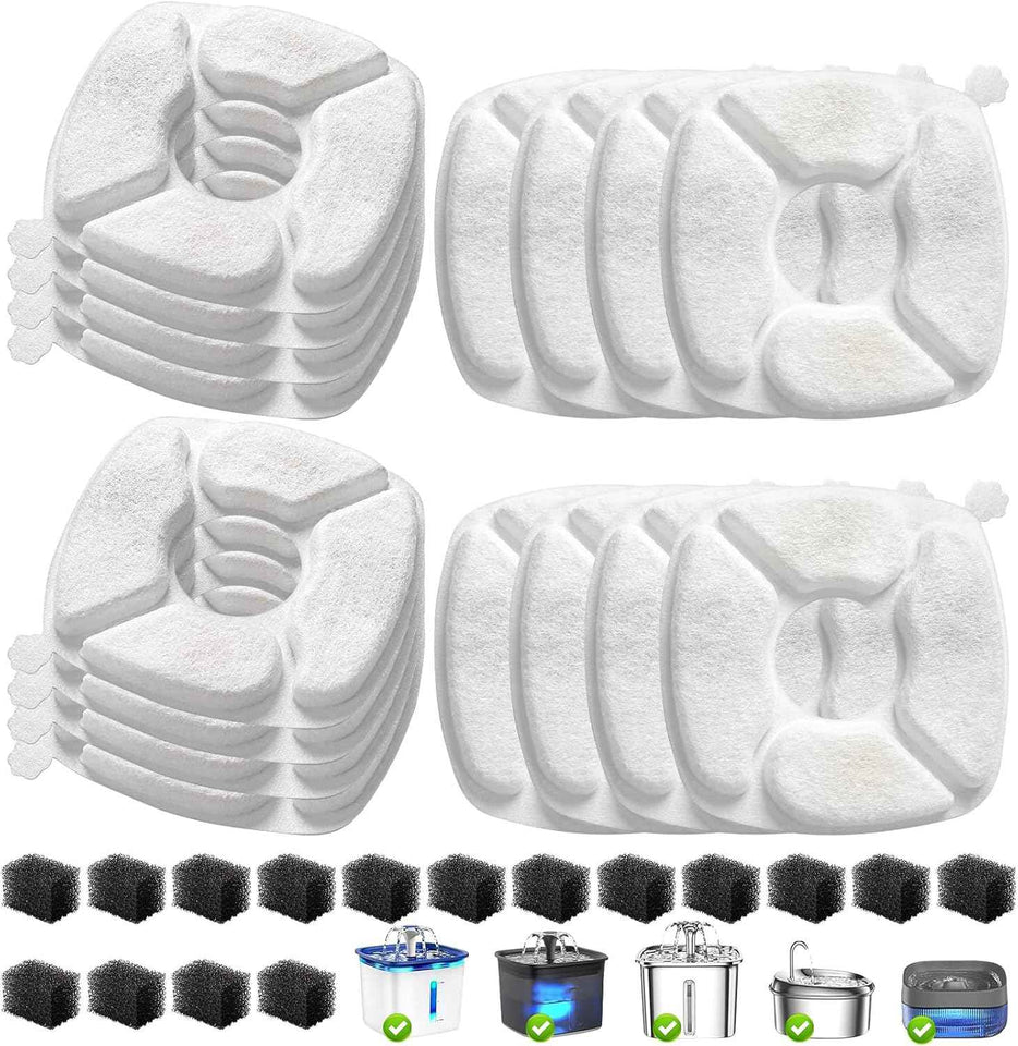 32 Pcs cat fountain replacement filters with 16 pack sponges for 95oz/2.8L, 135oz/4L, 67oz/2L pet drinking fountains
