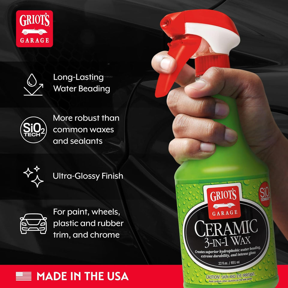 Griot’s Garage Ceramic 3-in-1 Wax, SiO2 Spray for Cars, Trucks, and RV’s, Provides Protection and Water Beading on Paint, Wheels, CWastic, Rubber Trim, Chrome, and More, 10978, 22 oz