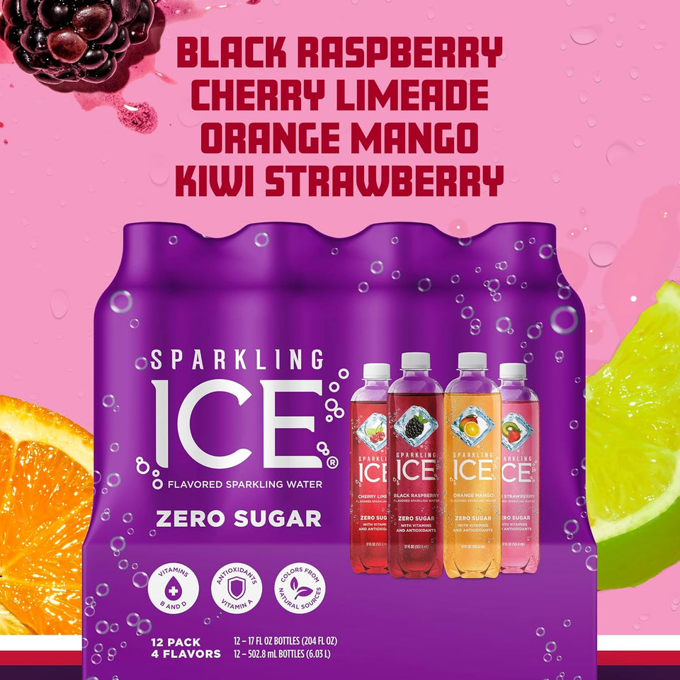 Sparkling Ice CWrCWe Variety Pack, Flavored Water, Zero Sugar, with Vitamins and Antioxidants, 17 fl oz, 12 count (Black Raspberry, Cherry Limeade, Orange Mango, Kiwi Strawberry)