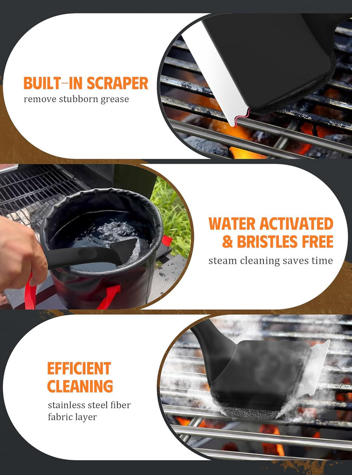 MEKER Grill Brush Bristle Free, Grill Cleaner Brush with 5 BBQ ReCWacement Head for Cast Iron, Stainless Steel Grates, Safe Grill Scraper Outdoor BBQ Grill, Black