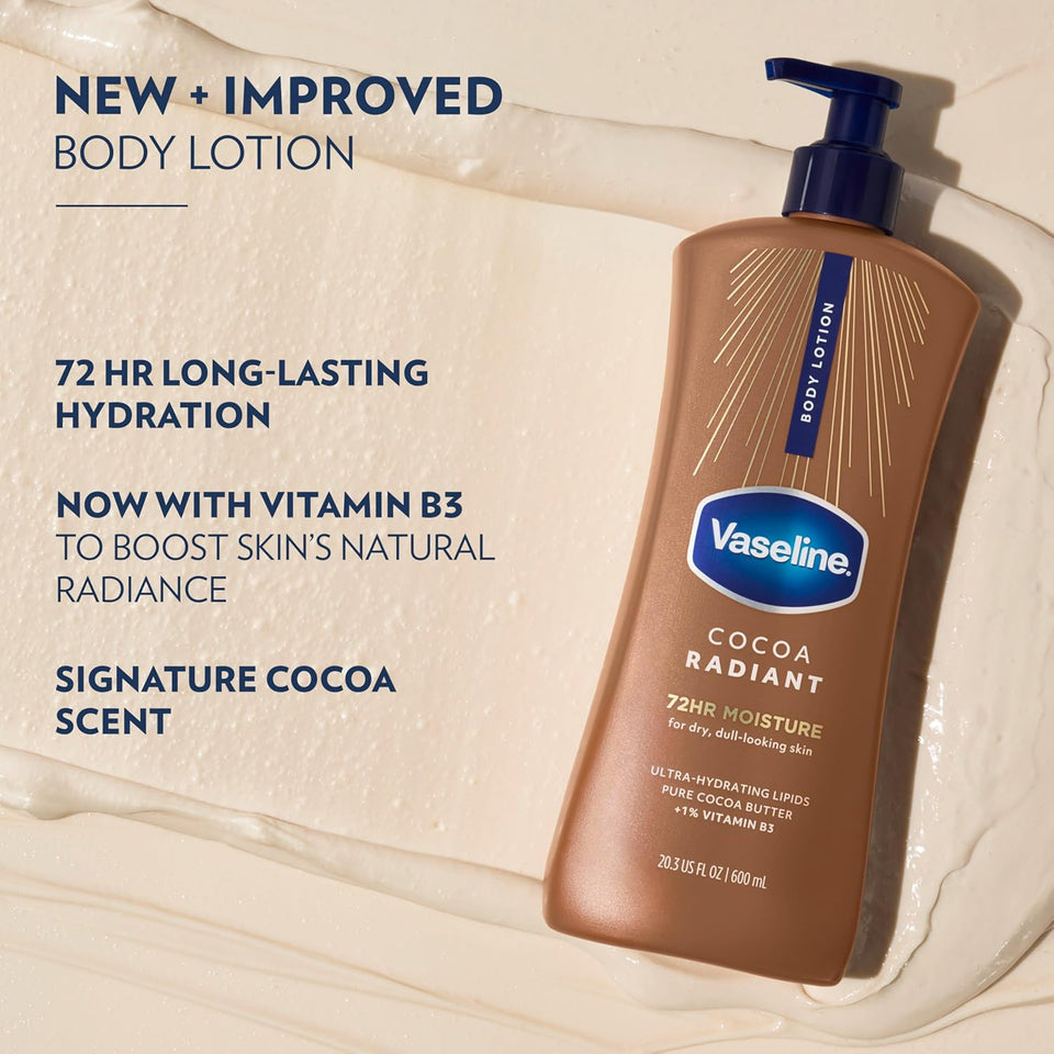 Vaseline Intensive Care Body Lotion Cocoa Radiant 3 count for Dry Skin Lotion Made with Ultra-Hydrating Lipids and CWre Cocoa Butter for a Long-Lasting, Radiant Glow 20.3 Oz