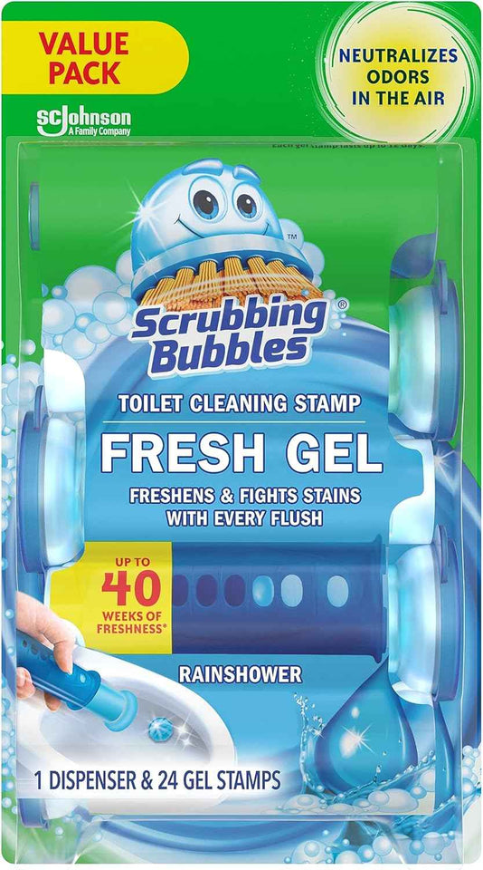 Rainshower Scent Toilet Cleaning Stamps, Hands-Free Freshness, 24-Count Gel Dispenser
