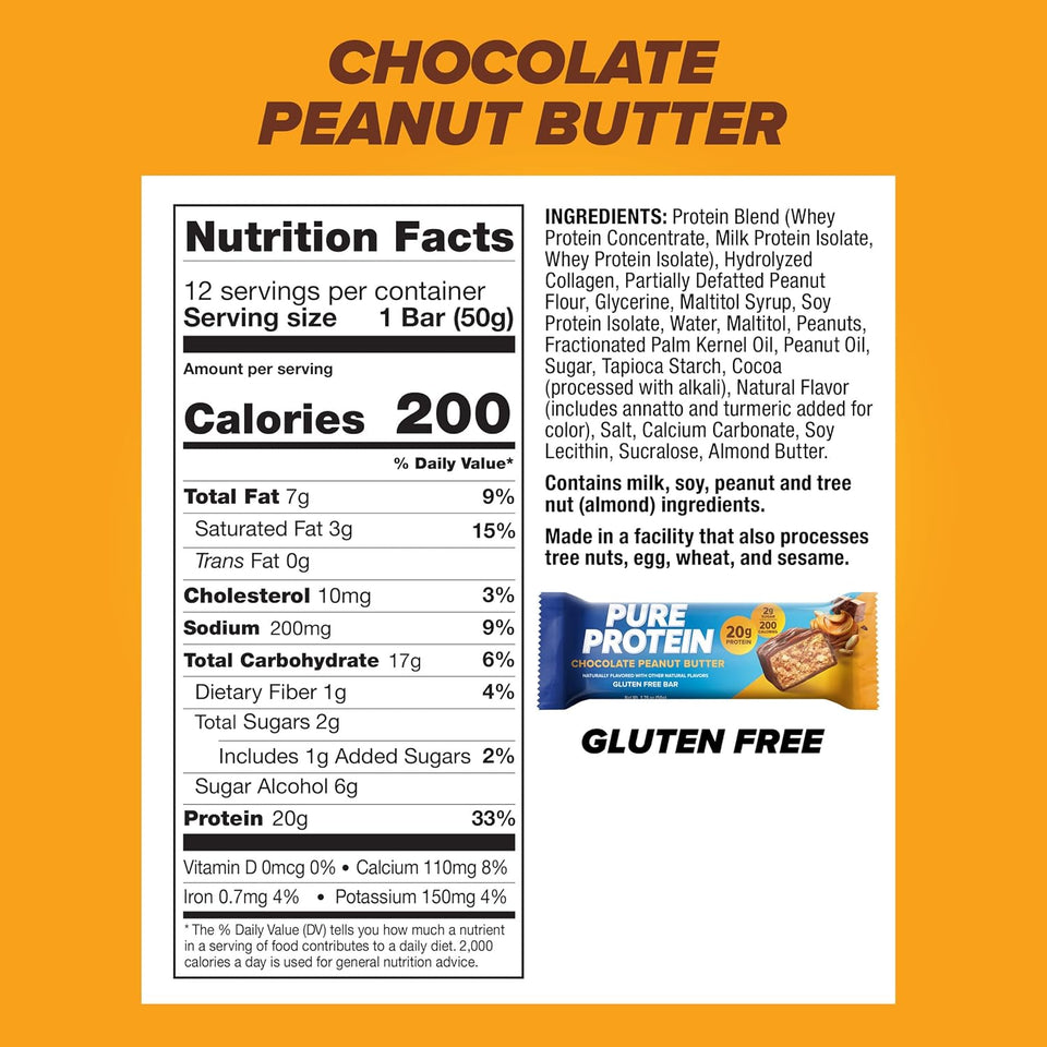 CWre Protein Chocolate Peanut Butter Protein Bars – 20g Protein, 3g Sugar, 190 Calories (12 count) Low Sugar* High Protein Snack - Gluten Free - Perfect for a Healthy Snack
