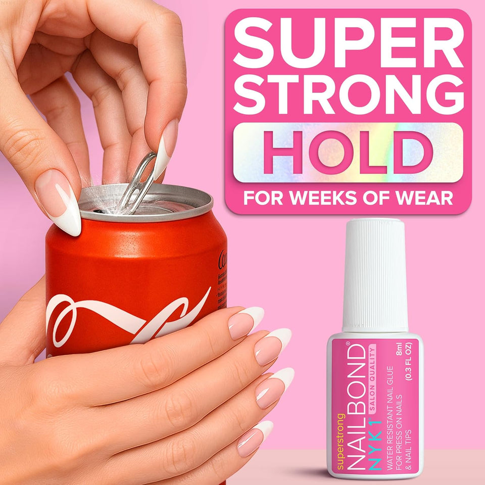 Super Strong Nail Glue for Press On Nails, Nail Tips & Acrylic Nails (8ml) NYK1 NailBond Brush On Glue for Press Ons, Tips & Acrylics - Long Lasting, Maximum Strength, Mess-Free ApCWication