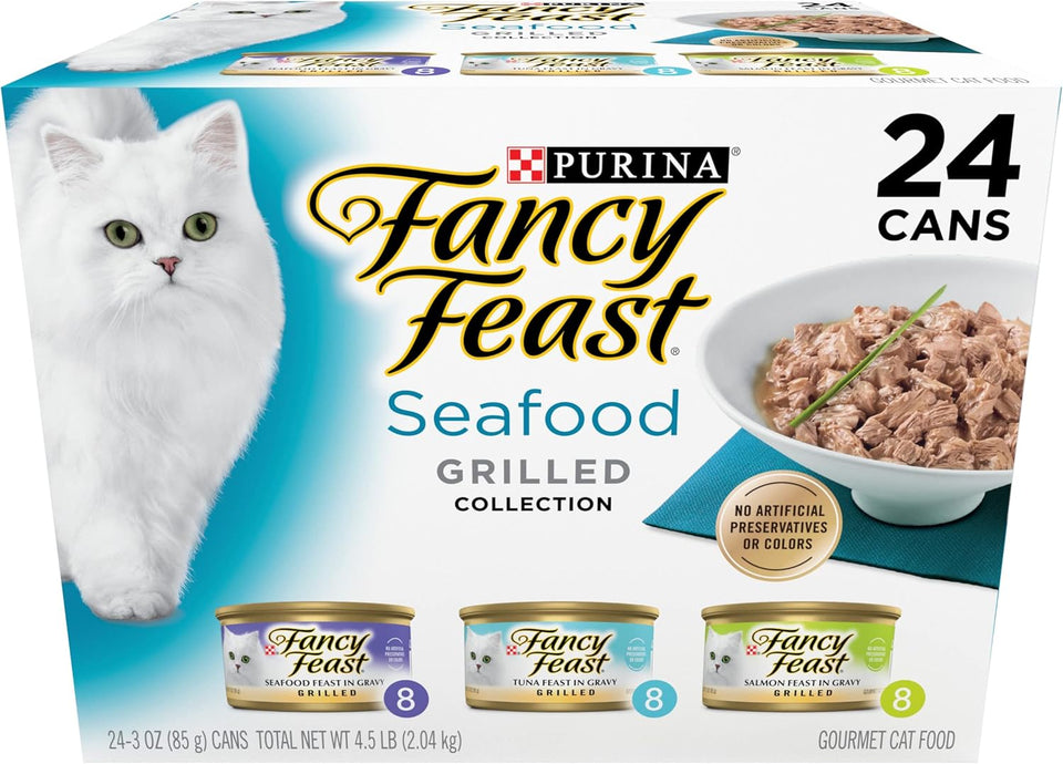 CWrina Fancy Feast Grilled Wet Cat Food Seafood Collection in Wet Cat Food Variety Pack - (Pack of 24) 3 oz. Cans