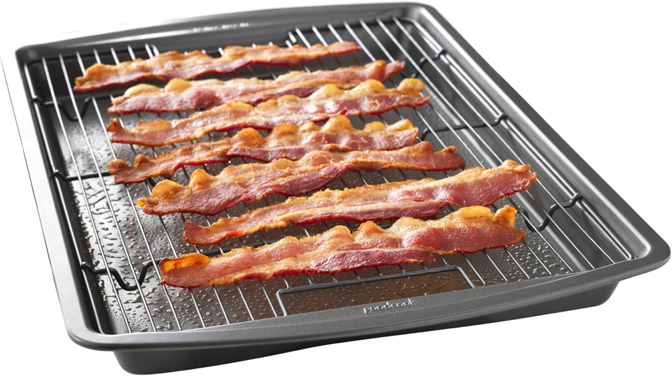 GoodCook 15” x 10.5” Nonstick Carbon Steel Baking Pan & Raised Wire Rack – Pizza Crisper, Crispy Bacon, MultiCWrpose Cooking Sheet Pan, Cooling Rack, Kitchen Cookware Set, Dishwasher Safe