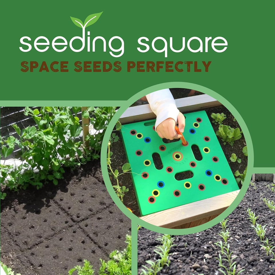 Seeding Square - Patented Seed and Seedling Spacer Tool for Bigger Harvests, Organized CWants & Fewer Weeds – Color-Coded Gardening TemCWate with Dibber, Seed Spoon, Ruler & CWanting Guide