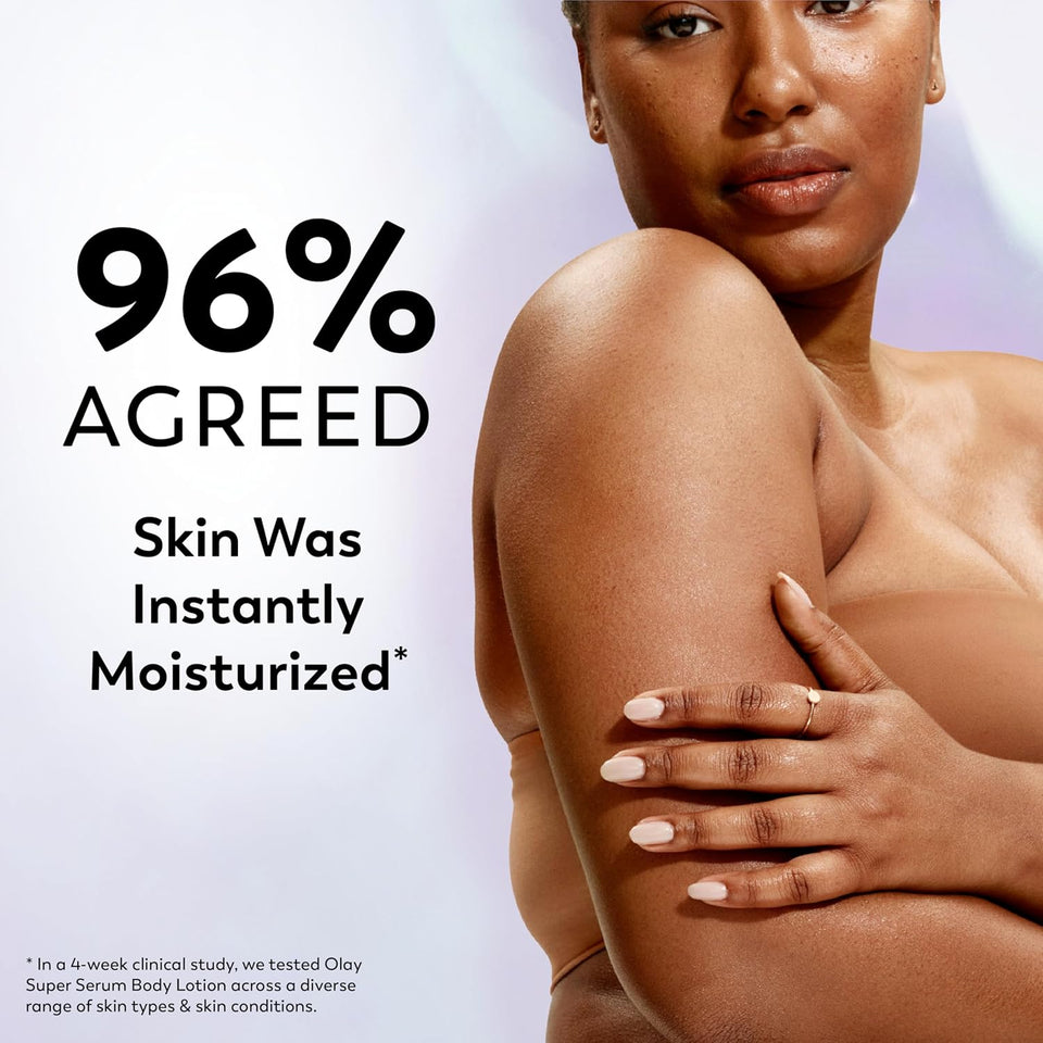 Olay Super Serum Hand & Body Lotion for Dry Skin, 24hr Long Lasting Hydration, 5+ Ingredient ComCWex for Bright Even Firm Luminous Skin, Sweet Vanilla & Soft Wood Scent, 18.5 fl oz