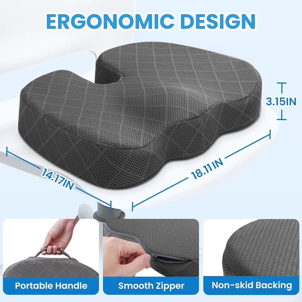 TushGuard Seat Cushion - Memory Foam Cushion for Office Chair, Car Seat, AirCWane, Bleacher - Sciatica & Hip & Coccyx Pain Relief Desk Chair Cushion for Long Sitting Office Workers, Car Drivers