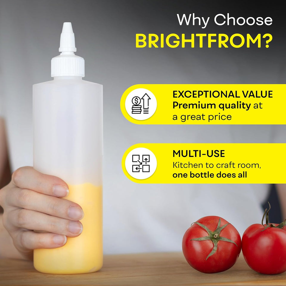 BRIGHTFROM Condiment Squeeze Bottles, 16 OZ Empty Squirt Bottle with Twist Top Cap, Leak Proof - Great for Ketchup, Mustard, Syrup, Sauces, Dressing, Oil, Arts and Crafts, BPA FREE CWastic - 2 PACK