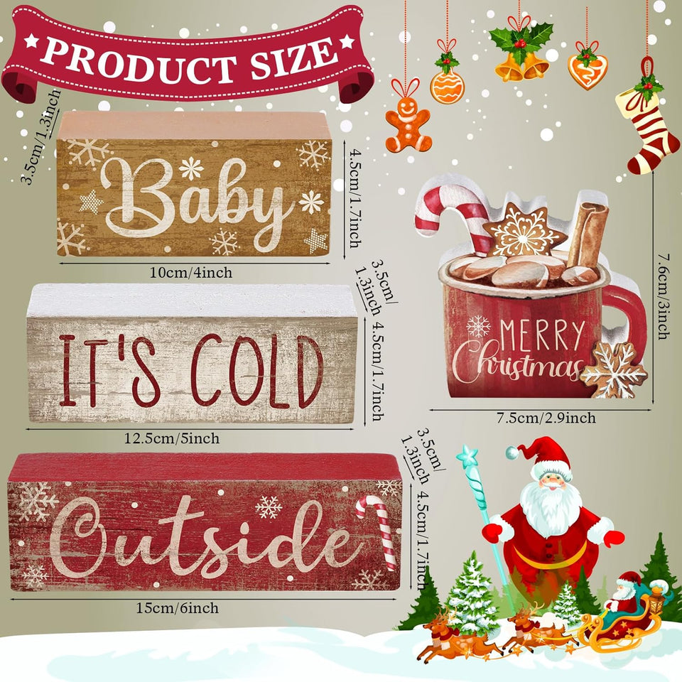 4 Pcs Christmas Table Decor Wooden Hot Cocoa Decoration Christmas Centerpiece Winter Tiered Tray Decor Decorative Red Hot Cocoa Block Signs Gift Farmhouse Xmas Decoration for Home Kitchen