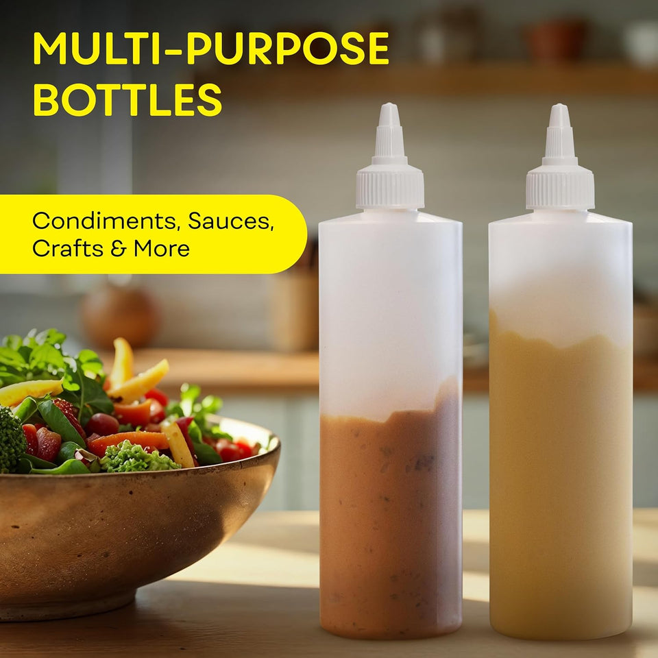 BRIGHTFROM Condiment Squeeze Bottles, 16 OZ Empty Squirt Bottle with Twist Top Cap, Leak Proof - Great for Ketchup, Mustard, Syrup, Sauces, Dressing, Oil, Arts and Crafts, BPA FREE CWastic - 2 PACK