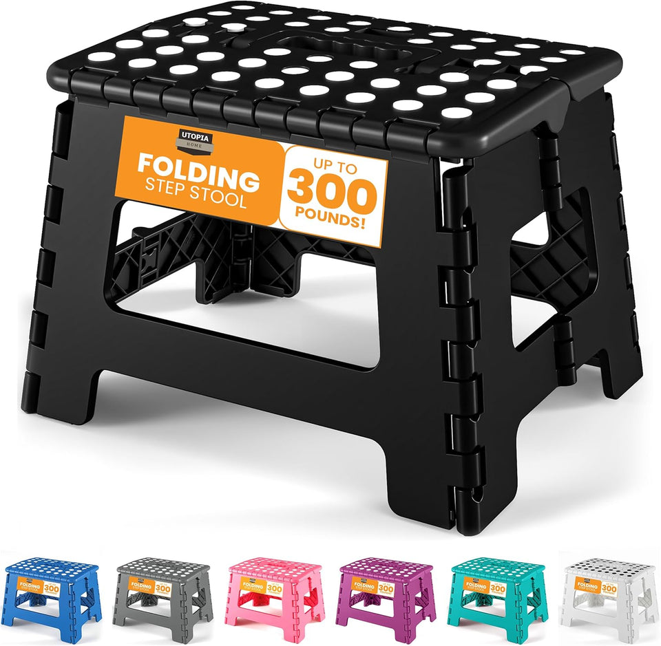 Utopia Home Folding Step Stool with Handle – 9 Inch Anti Slip Collapsible Stool – Holds Up to 300 lbs – Sturdy Plastic Step Stool Foldable for Kitchen, Bathroom and Home Use (1-Pack, Black)