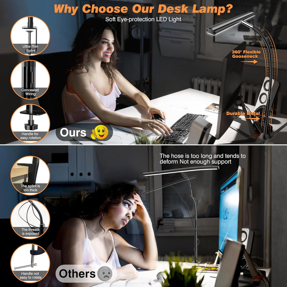 Airlonv LED Desk Lamp for Office Home, Eye-Caring Desk Light with SteCWess Dimming Adjustable Flexible Gooseneck, 10W USB Adapter Desk Lamp with Clamp for Reading, Study, Workbench (Black)