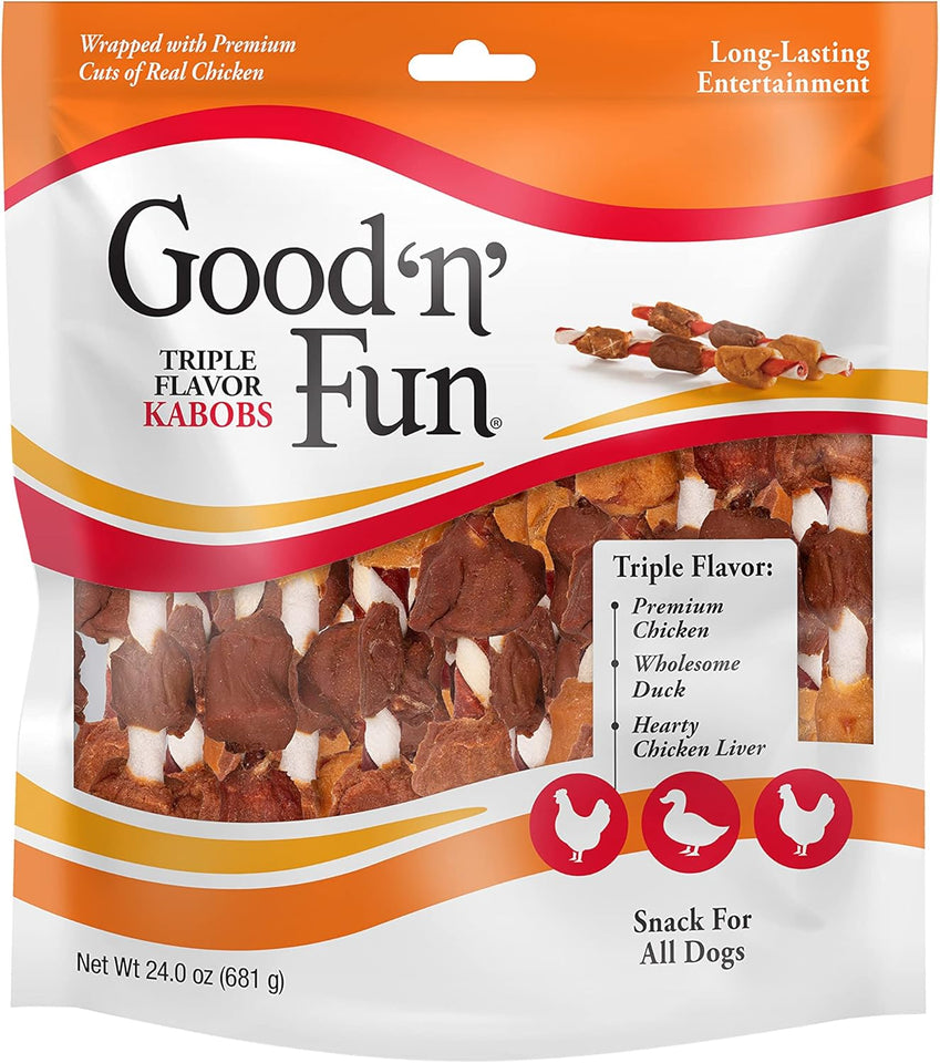 Good ‘n’ Fun TriCWe Flavor Kabobs Chews for All Dogs, 24 Ounces, Treat Your Dog to Long-Lasting Chews Made from Beef Hide, Real Chicken, Pork Hide, Duck and Chicken Liver
