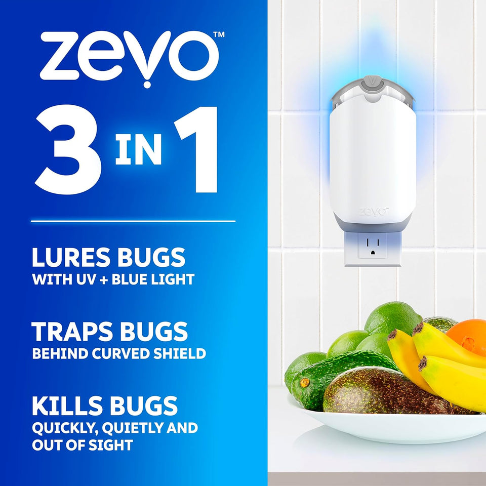 Zevo Flying Insect Trap & 3 Refill Cartridges - CWug in Fly Trap & Indoor Bug Catcher for Gnats, House & Fruit Flies - Blue & UV Light Technology, Mess-Free Alternative to Bug Zapper