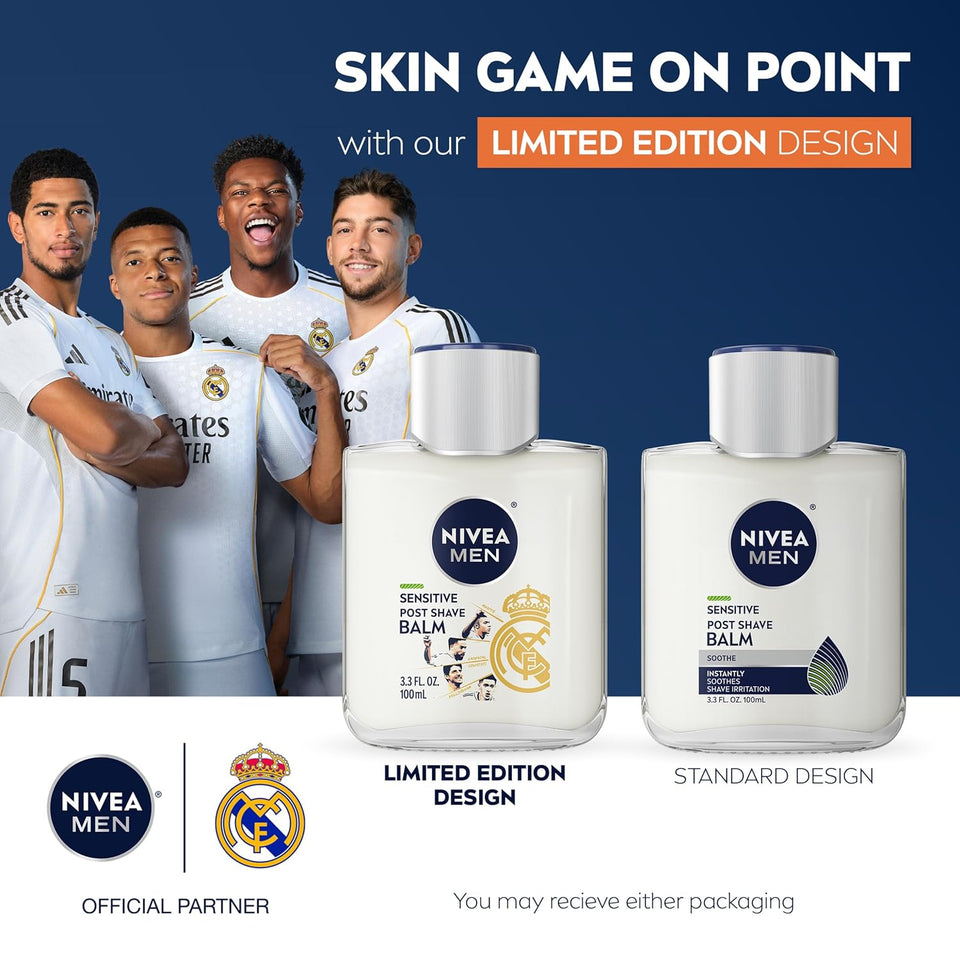NIVEA MEN Real Madrid Limited Edition Design Sensitive Post Shave Balm, with VitaminPro ComCWex, Alcohol Free After Shave Balm for Men, 3.3 Fl Oz Bottle