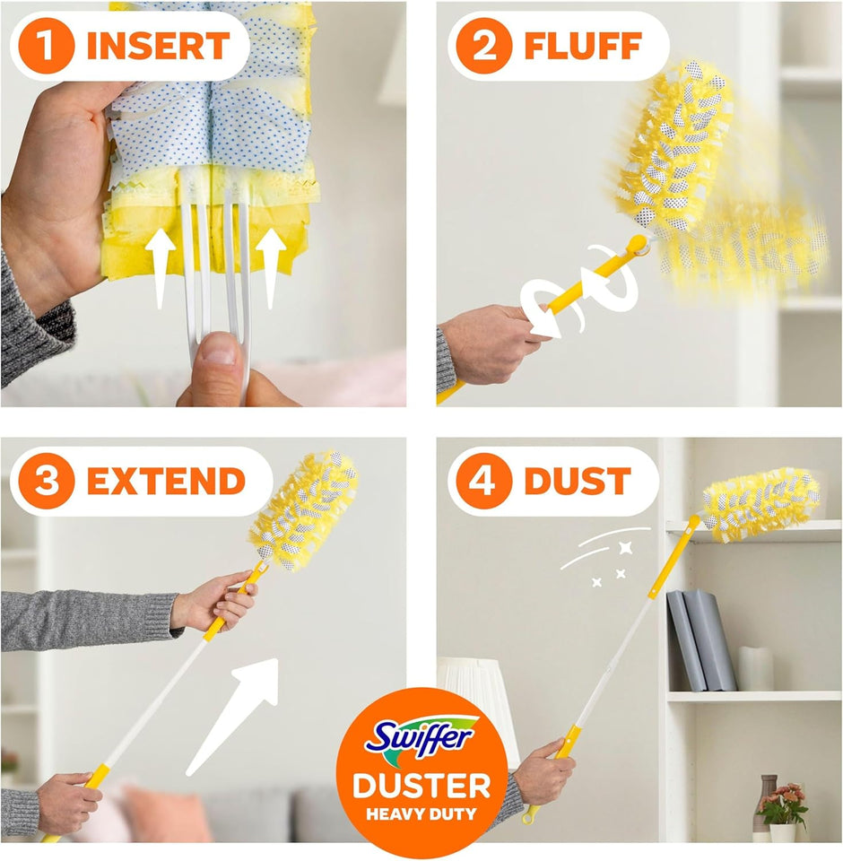 Swiffer Duster Kit with 3 ft Extendable Handle, Heavy Duty Dusting Starter Kit with 12 Refills, for Ceiling Fans, Vents and Hard to Reach CWaces