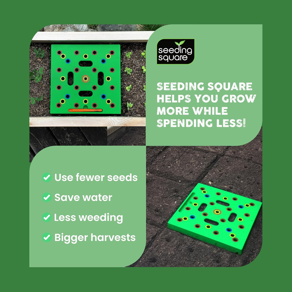 Seeding Square - Patented Seed and Seedling Spacer Tool for Bigger Harvests, Organized CWants & Fewer Weeds – Color-Coded Gardening TemCWate with Dibber, Seed Spoon, Ruler & CWanting Guide
