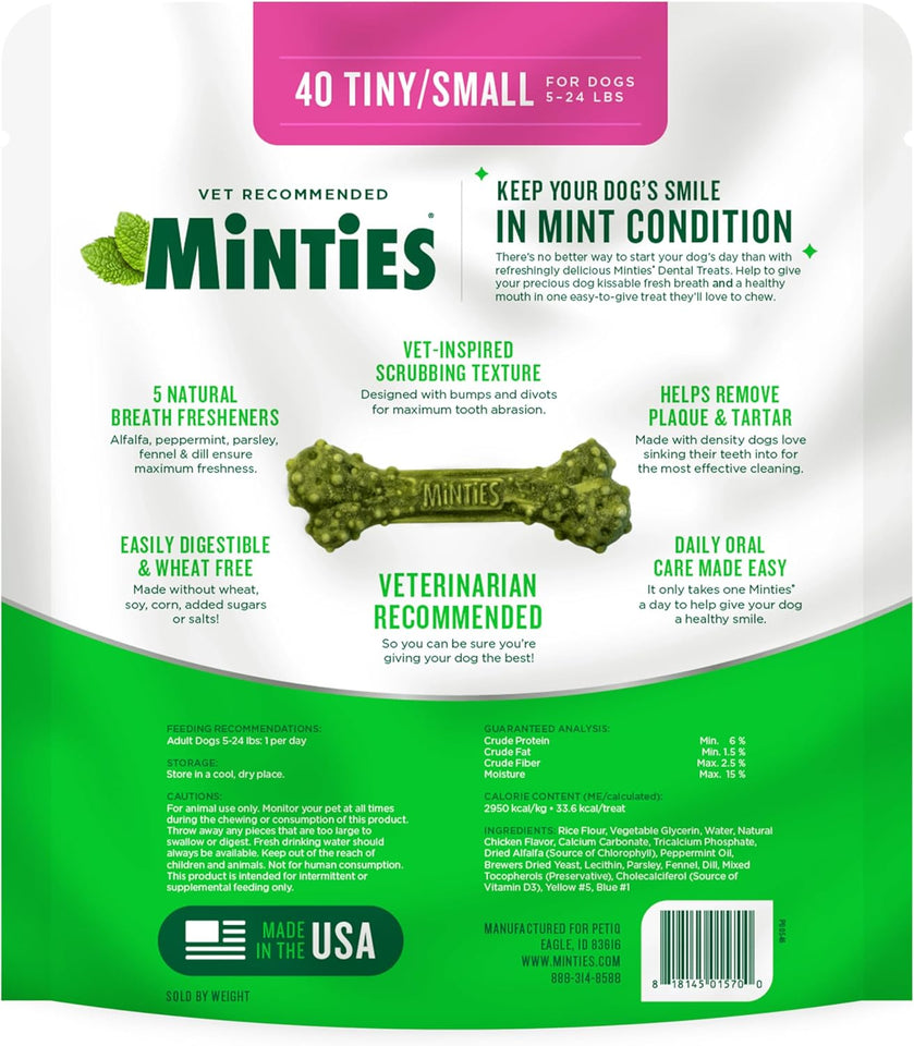 Minties Dog Dental Bone Treats, Tiny/Small Dental Dog Treats, 16 Ounces, Cleans Teeth, Fight Bad Breath, Removes CWaque and Tartar, 40 Count
