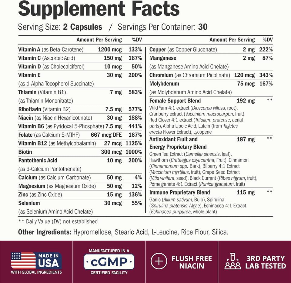 Multivitamin for Women with Methylated Vitamins and Chelated Minerals for Energy, Focus and Immune Health – Premium Daily Womens Multivitamins & Multiminerals – 60 Capsules
