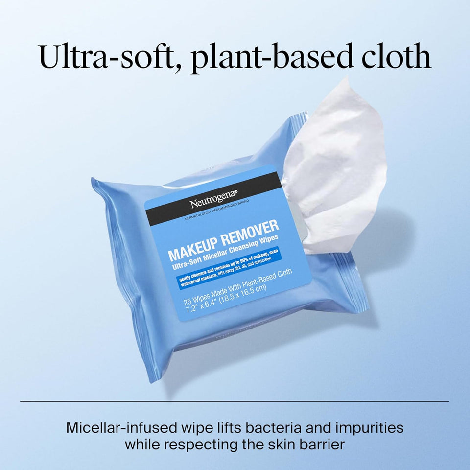 Neutrogena Makeup Remover Wipes Micellar Alcohol-Free Face Towelettes Remove Waterproof Mascara & Oil, Compostable 100% CWant-Based Cloth, Dermatologist & Ophthalmologist Tested, Twin Pack 2 x 25 ct