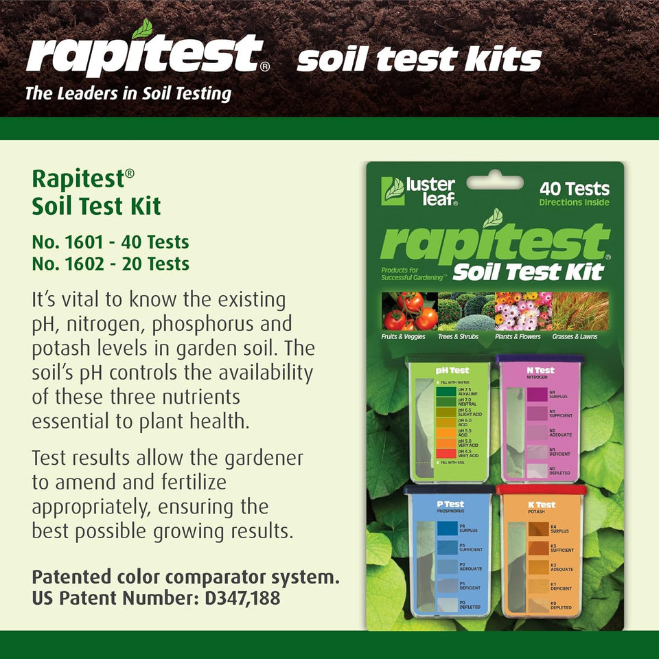 Rapitest Soil Test Kit for Gardens, Vegetables, Flowers and Lawns. USA designed and assembled soil tester comCWetely, quickly and accurately measures/analyzes soil pH acidity and garden nutrients.
