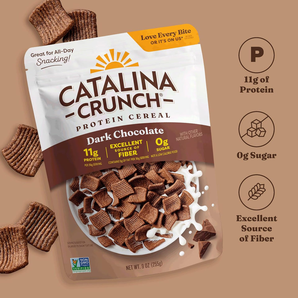 Catalina Crunch Protein Cereal - Sugar Free Breakfast Cereal with 11g of Protein - Gluten Free - Dark Chocolate - 9 oz. Bag (Pack of 1) (Packaging May Vary)